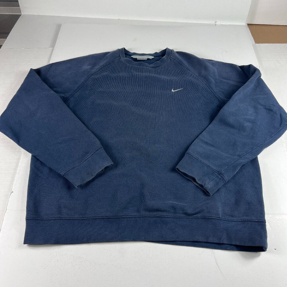 Y2K Nike Sweatshirt Large Blue & Grey Faded Contrast Logo Pullover Crewneck